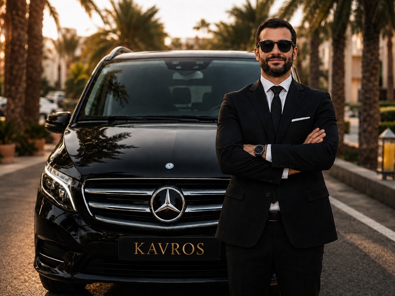 Professional Kavros chauffeur standing beside a Mercedes transfer vehicle